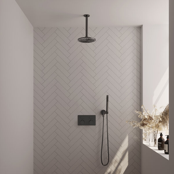 Brauer Brauer Gunmetal Editon Regendoucheset:  Thermostatische Inbouwkraan met Drukknoppen, Plafondarm, Douchekop 20cm, Wandhouder met Wateruitlaat, Staafhanddouche & Doucheslang - Set 53 - Draaiknoppen - PVD - Geborsteld Gunmetal