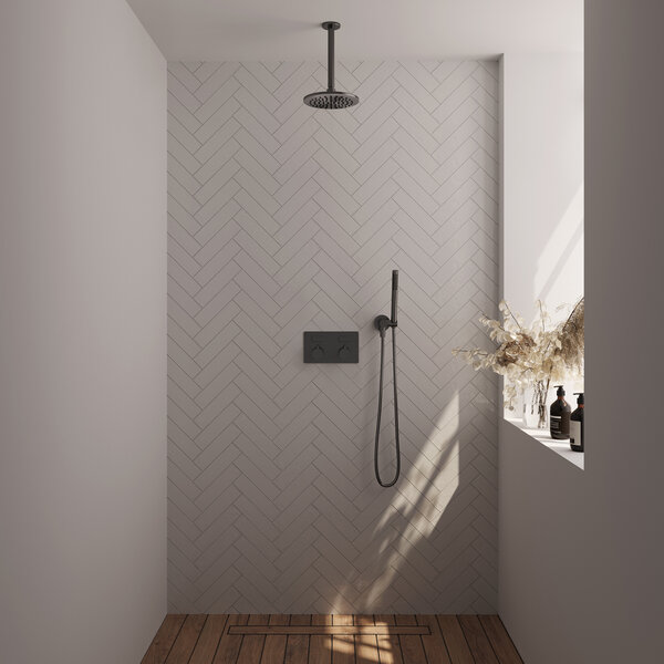 Brauer Brauer Gunmetal Editon Regendoucheset:  Thermostatische Inbouwkraan met Drukknoppen, Plafondarm, Douchekop 20cm, Wandhouder met Wateruitlaat, Staafhanddouche & Doucheslang - Set 53 - Draaiknoppen - PVD - Geborsteld Gunmetal