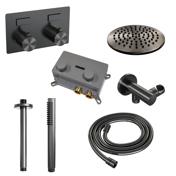 Brauer Brauer Gunmetal Editon Regendoucheset:  Thermostatische Inbouwkraan met Drukknoppen, Plafondarm, Douchekop 20cm, Wandhouder met Wateruitlaat, Staafhanddouche & Doucheslang - Set 53 - Draaiknoppen - PVD - Geborsteld Gunmetal