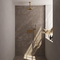 Brauer Brauer Gold Editon Regendoucheset:  Thermostatische Inbouwkraan met Drukknoppen, Plafondarm, Douchekop 20cm, Wandhouder met Wateruitlaat, Staafhanddouche & Doucheslang - Set 53 - Draaiknoppen - PVD - Geborsteld Goud