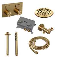 Brauer Brauer Gold Editon Regendoucheset:  Thermostatische Inbouwkraan met Drukknoppen, Plafondarm, Douchekop 20cm, Wandhouder met Wateruitlaat, Staafhanddouche & Doucheslang - Set 53 - Draaiknoppen - PVD - Geborsteld Goud