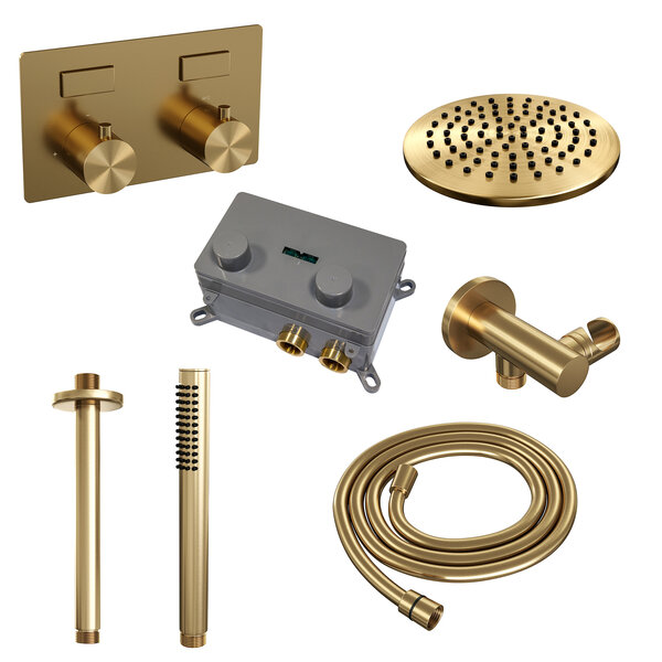 Brauer Brauer Gold Editon Regendoucheset:  Thermostatische Inbouwkraan met Drukknoppen, Plafondarm, Douchekop 20cm, Wandhouder met Wateruitlaat, Staafhanddouche & Doucheslang - Set 53 - Draaiknoppen - PVD - Geborsteld Goud