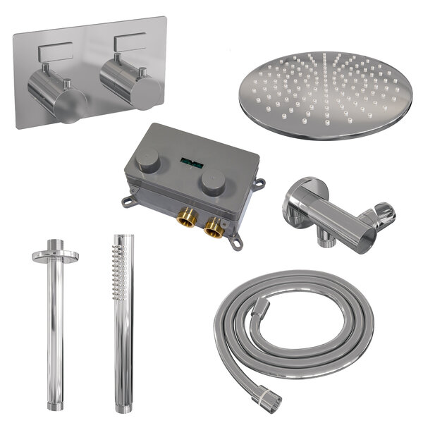 Brauer Brauer Chrome Editon Regendoucheset:  Thermostatische Inbouwkraan met Drukknoppen, Plafondarm, Douchekop 30cm, Wandhouder met Wateruitlaat, Staafhanddouche & Doucheslang - Set 54 - Draaiknoppen - Chroom