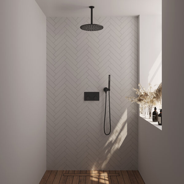 Brauer Brauer Black Editon Regendoucheset:  Thermostatische Inbouwkraan met Drukknoppen, Plafondarm, Douchekop 30cm, Wandhouder met Wateruitlaat, Staafhanddouche & Doucheslang - Set 54 - Draaiknoppen - Mat Zwart