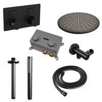 Brauer Brauer Black Editon Regendoucheset:  Thermostatische Inbouwkraan met Drukknoppen, Plafondarm, Douchekop 30cm, Wandhouder met Wateruitlaat, Staafhanddouche & Doucheslang - Set 54 - Draaiknoppen - Mat Zwart