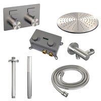 Brauer Brauer Brushed Editon Regendoucheset:  Thermostatische Inbouwkraan met Drukknoppen, Plafondarm, Douchekop Ø30cm, Wandhouder met Wateruitlaat, Staafhanddouche & Doucheslang - Set 54 - Draaiknoppen - PVD - Geborsteld RVS