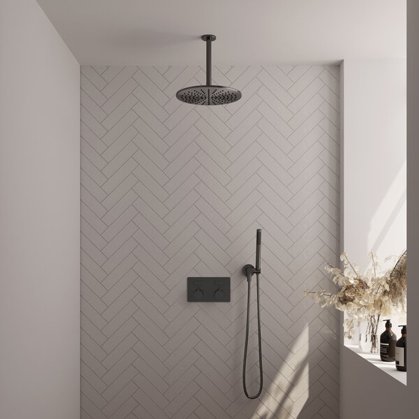 Brauer Brauer Gunmetal Editon Regendoucheset:  Thermostatische Inbouwkraan met Drukknoppen, Plafondarm, Douchekop 30cm, Wandhouder met Wateruitlaat, Staafhanddouche & Doucheslang - Set 54 - Draaiknoppen - PVD - Geborsteld Gunmetal