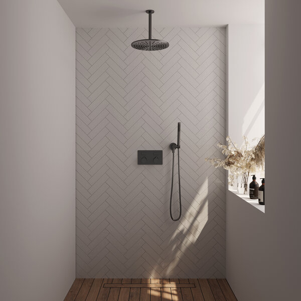 Brauer Brauer Gunmetal Editon Regendoucheset:  Thermostatische Inbouwkraan met Drukknoppen, Plafondarm, Douchekop 30cm, Wandhouder met Wateruitlaat, Staafhanddouche & Doucheslang - Set 54 - Draaiknoppen - PVD - Geborsteld Gunmetal