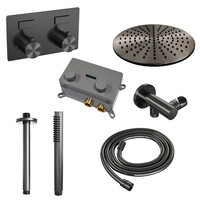 Brauer Brauer Gunmetal Editon Regendoucheset:  Thermostatische Inbouwkraan met Drukknoppen, Plafondarm, Douchekop 30cm, Wandhouder met Wateruitlaat, Staafhanddouche & Doucheslang - Set 54 - Draaiknoppen - PVD - Geborsteld Gunmetal
