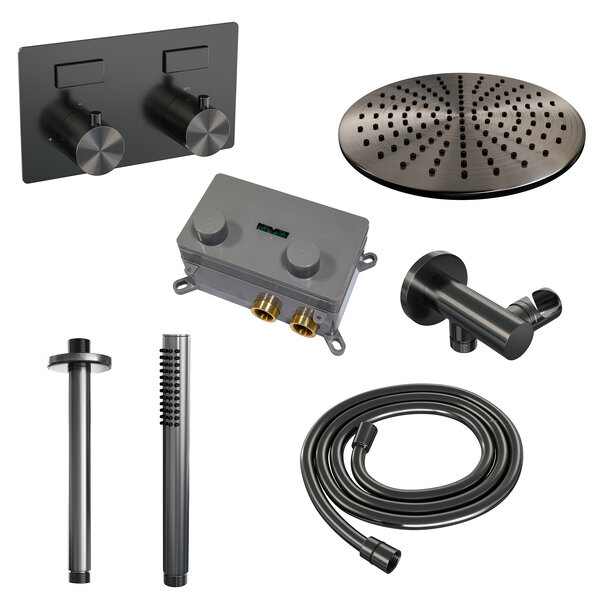 Brauer Brauer Gunmetal Editon Regendoucheset:  Thermostatische Inbouwkraan met Drukknoppen, Plafondarm, Douchekop 30cm, Wandhouder met Wateruitlaat, Staafhanddouche & Doucheslang - Set 54 - Draaiknoppen - PVD - Geborsteld Gunmetal