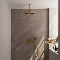 Brauer Brauer Gold Editon Regendoucheset:  Thermostatische Inbouwkraan met Drukknoppen, Plafondarm, Douchekop 30cm, Wandhouder met Wateruitlaat, Staafhanddouche & Doucheslang - Set 54 - Draaiknoppen - PVD - Geborsteld Goud