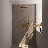 Brauer Brauer Gold Editon Regendoucheset:  Thermostatische Inbouwkraan met Drukknoppen, Plafondarm, Douchekop 30cm, Wandhouder met Wateruitlaat, Staafhanddouche & Doucheslang - Set 54 - Draaiknoppen - PVD - Geborsteld Goud