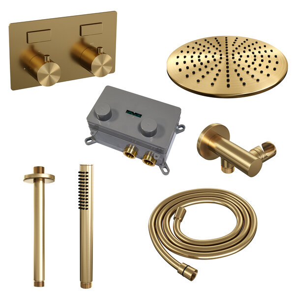 Brauer Brauer Gold Editon Regendoucheset:  Thermostatische Inbouwkraan met Drukknoppen, Plafondarm, Douchekop 30cm, Wandhouder met Wateruitlaat, Staafhanddouche & Doucheslang - Set 54 - Draaiknoppen - PVD - Geborsteld Goud