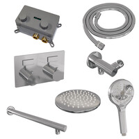 Brauer Brauer Chrome Editon Regendoucheset:  Thermostatische Inbouwkraan met Drukknoppen, Rechte Wandarm, Douchekop 20cm, Wandhouder met Wateruitlaat, 3-Standen Handdouche & Doucheslang - Set 55 - Draaiknoppen - Chroom