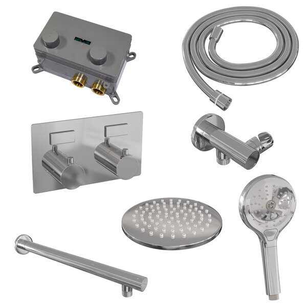 Brauer Brauer Chrome Editon Regendoucheset:  Thermostatische Inbouwkraan met Drukknoppen, Rechte Wandarm, Douchekop 20cm, Wandhouder met Wateruitlaat, 3-Standen Handdouche & Doucheslang - Set 55 - Draaiknoppen - Chroom