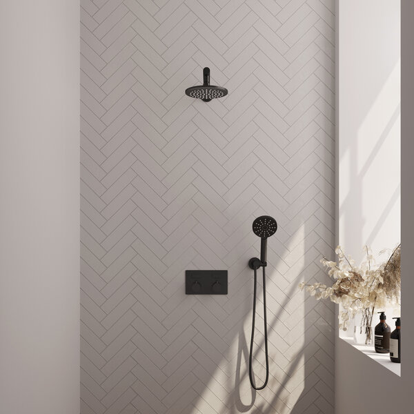 Brauer Brauer Black Editon Regendoucheset:  Thermostatische Inbouwkraan met Drukknoppen, Rechte Wandarm, Douchekop 20cm, Wandhouder met Wateruitlaat, 3-Standen Handdouche & Doucheslang - Set 55 - Draaiknoppen - Mat Zwart