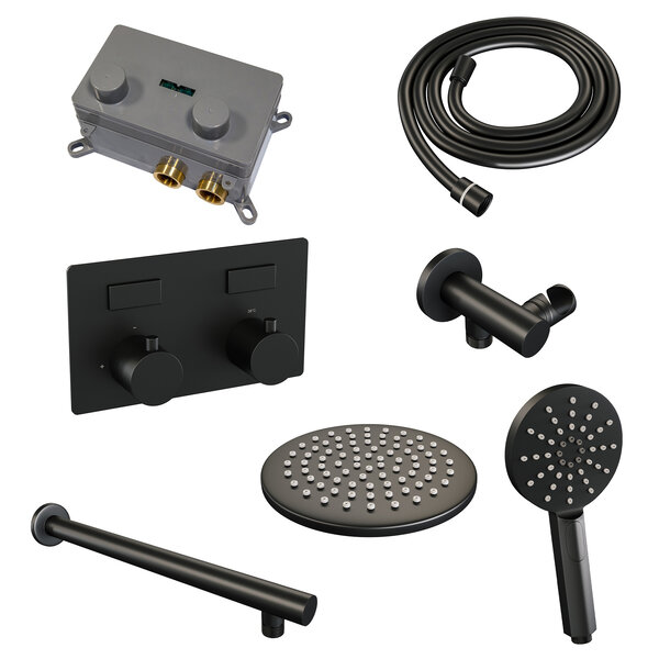 Brauer Brauer Black Editon Regendoucheset:  Thermostatische Inbouwkraan met Drukknoppen, Rechte Wandarm, Douchekop 20cm, Wandhouder met Wateruitlaat, 3-Standen Handdouche & Doucheslang - Set 55 - Draaiknoppen - Mat Zwart