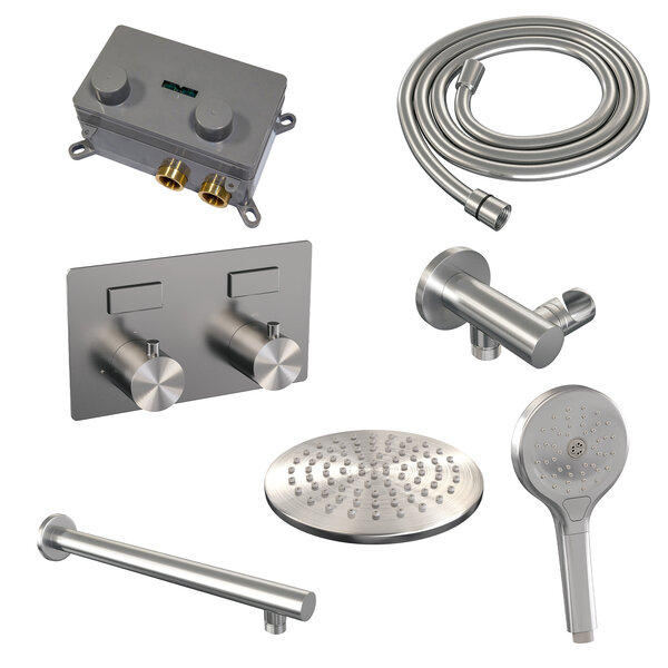 Brauer Brauer Brushed Editon Regendoucheset:  Thermostatische Inbouwkraan met Drukknoppen, Rechte Wandarm, Douchekop 20cm, Wandhouder met Wateruitlaat, 3-Standen Handdouche & Doucheslang - Set 55 - Draaiknoppen - PVD - Geborsteld RVS