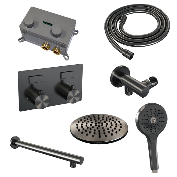 Brauer Brauer Gunmetal Editon Regendoucheset:  Thermostatische Inbouwkraan met Drukknoppen, Rechte Wandarm, Douchekop Ø20cm, Wandhouder met Wateruitlaat, 3-Standen Handdouche & Doucheslang - Set 55 - Draaiknoppen - PVD - Geborsteld Gunmetal