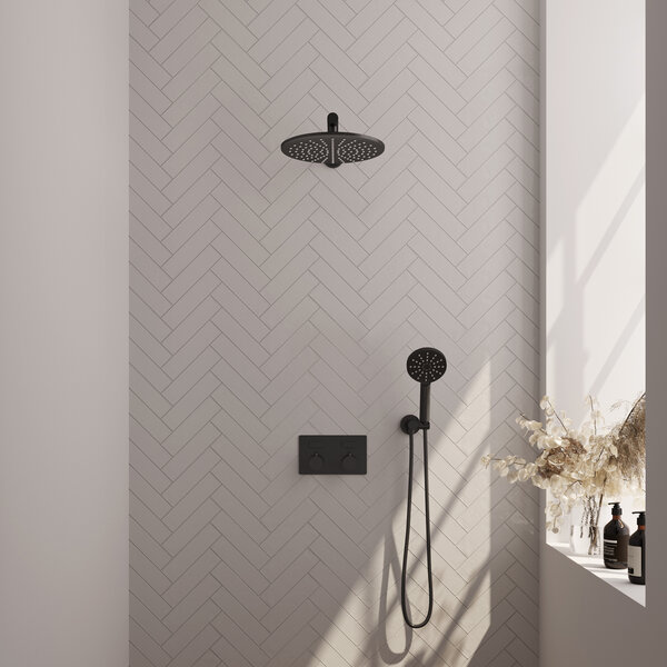 Brauer Brauer Black Editon Regendoucheset:  Thermostatische Inbouwkraan met Drukknoppen, Rechte Wandarm, Douchekop 30cm, Wandhouder met Wateruitlaat, 3-Standen Handdouche & Doucheslang - Set 56 - Draaiknoppen - Mat Zwart