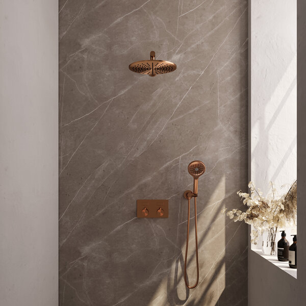 Brauer Brauer Copper Editon Regendoucheset:  Thermostatische Inbouwkraan met Drukknoppen, Rechte Wandarm, Douchekop 30cm, Wandhouder met Wateruitlaat, 3-Standen Handdouche & Doucheslang - Set 56 - Draaiknoppen - PVD - Geborsteld Koper