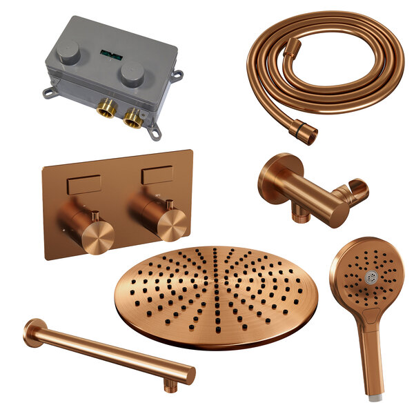 Brauer Brauer Copper Editon Regendoucheset:  Thermostatische Inbouwkraan met Drukknoppen, Rechte Wandarm, Douchekop 30cm, Wandhouder met Wateruitlaat, 3-Standen Handdouche & Doucheslang - Set 56 - Draaiknoppen - PVD - Geborsteld Koper