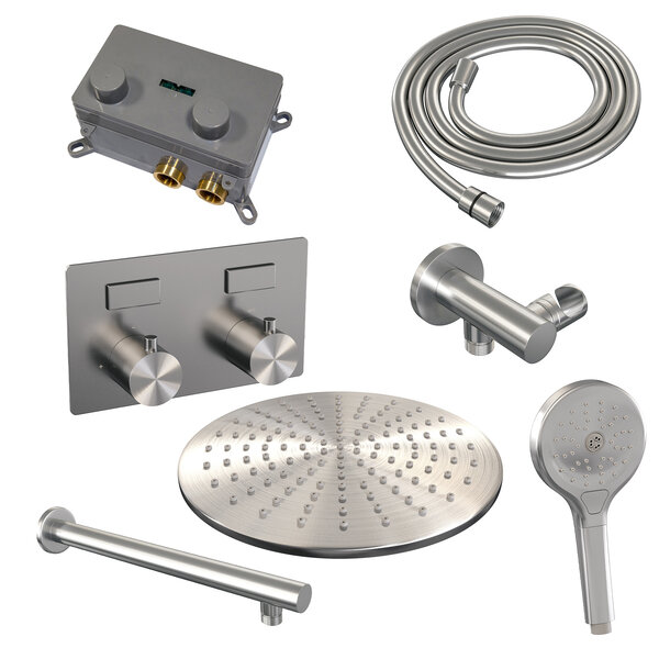 Brauer Brauer Brushed Editon Regendoucheset:  Thermostatische Inbouwkraan met Drukknoppen, Rechte Wandarm, Douchekop Ø30cm, Wandhouder met Wateruitlaat, 3-Standen Handdouche & Doucheslang - Set 56 - Draaiknoppen - PVD - Geborsteld RVS