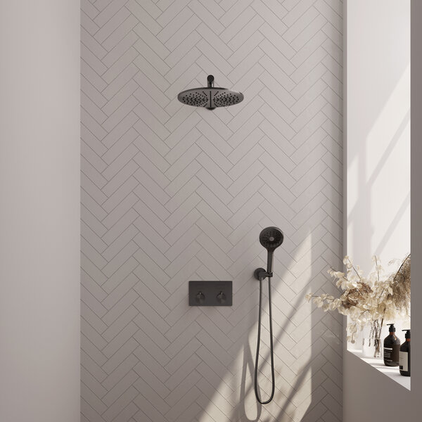 Brauer Brauer Gunmetal Editon Regendoucheset:  Thermostatische Inbouwkraan met Drukknoppen, Rechte Wandarm, Douchekop 30cm, Wandhouder met Wateruitlaat, 3-Standen Handdouche & Doucheslang - Set 56 - Draaiknoppen - PVD - Geborsteld Gunmetal