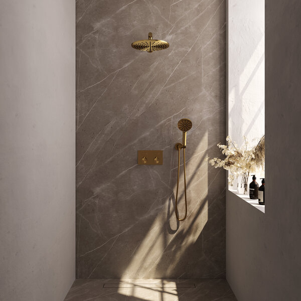 Brauer Brauer Gold Editon Regendoucheset:  Thermostatische Inbouwkraan met Drukknoppen, Rechte Wandarm, Douchekop 30cm, Wandhouder met Wateruitlaat, 3-Standen Handdouche & Doucheslang - Set 56 - Draaiknoppen - PVD - Geborsteld Goud