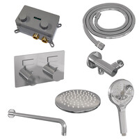 Brauer Brauer Chrome Editon Regendoucheset:  Thermostatische Inbouwkraan met Drukknoppen, Gebogen Wandarm, Douchekop 20cm, Wandhouder met Wateruitlaat, 3-Standen Handdouche & Doucheslang - Set 57 - Draaiknoppen - Chroom