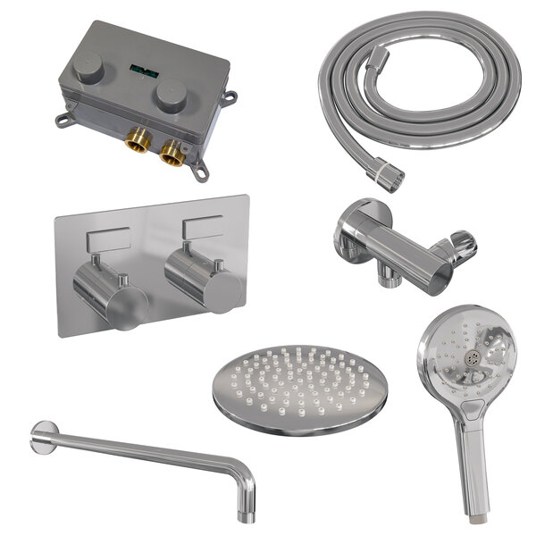 Brauer Brauer Chrome Editon Regendoucheset:  Thermostatische Inbouwkraan met Drukknoppen, Gebogen Wandarm, Douchekop 20cm, Wandhouder met Wateruitlaat, 3-Standen Handdouche & Doucheslang - Set 57 - Draaiknoppen - Chroom