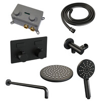 Brauer Brauer Black Editon Regendoucheset:  Thermostatische Inbouwkraan met Drukknoppen, Gebogen Wandarm, Douchekop Ø20cm, Wandhouder met Wateruitlaat, 3-Standen Handdouche & Doucheslang - Set 57 - Draaiknoppen - Mat Zwart