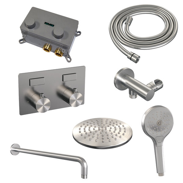 Brauer Brauer Brushed Editon Regendoucheset:  Thermostatische Inbouwkraan met Drukknoppen, Gebogen Wandarm, Douchekop 20cm, Wandhouder met Wateruitlaat, 3-Standen Handdouche & Doucheslang - Set 57 - Draaiknoppen - PVD - Geborsteld RVS