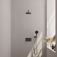 Brauer Brauer Gunmetal Editon Regendoucheset:  Thermostatische Inbouwkraan met Drukknoppen, Gebogen Wandarm, Douchekop 20cm, Wandhouder met Wateruitlaat, 3-Standen Handdouche & Doucheslang - Set 57 - Draaiknoppen - PVD - Geborsteld Gunmetal