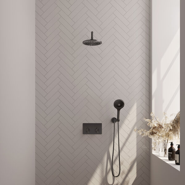 Brauer Brauer Gunmetal Editon Regendoucheset:  Thermostatische Inbouwkraan met Drukknoppen, Gebogen Wandarm, Douchekop 20cm, Wandhouder met Wateruitlaat, 3-Standen Handdouche & Doucheslang - Set 57 - Draaiknoppen - PVD - Geborsteld Gunmetal