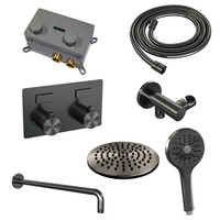 Brauer Brauer Gunmetal Editon Regendoucheset:  Thermostatische Inbouwkraan met Drukknoppen, Gebogen Wandarm, Douchekop 20cm, Wandhouder met Wateruitlaat, 3-Standen Handdouche & Doucheslang - Set 57 - Draaiknoppen - PVD - Geborsteld Gunmetal