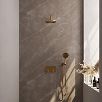 Brauer Brauer Gold Editon Regendoucheset:  Thermostatische Inbouwkraan met Drukknoppen, Gebogen Wandarm, Douchekop 20cm, Wandhouder met Wateruitlaat, 3-Standen Handdouche & Doucheslang - Set 57 - Draaiknoppen - PVD - Geborsteld Goud