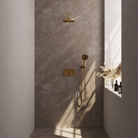 Brauer Brauer Gold Editon Regendoucheset:  Thermostatische Inbouwkraan met Drukknoppen, Gebogen Wandarm, Douchekop 20cm, Wandhouder met Wateruitlaat, 3-Standen Handdouche & Doucheslang - Set 57 - Draaiknoppen - PVD - Geborsteld Goud