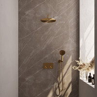 Brauer Brauer Gold Editon Regendoucheset:  Thermostatische Inbouwkraan met Drukknoppen, Gebogen Wandarm, Douchekop 30cm, Wandhouder met Wateruitlaat, 3-Standen Handdouche & Doucheslang - Set 58 - Draaiknoppen - PVD - Geborsteld Goud