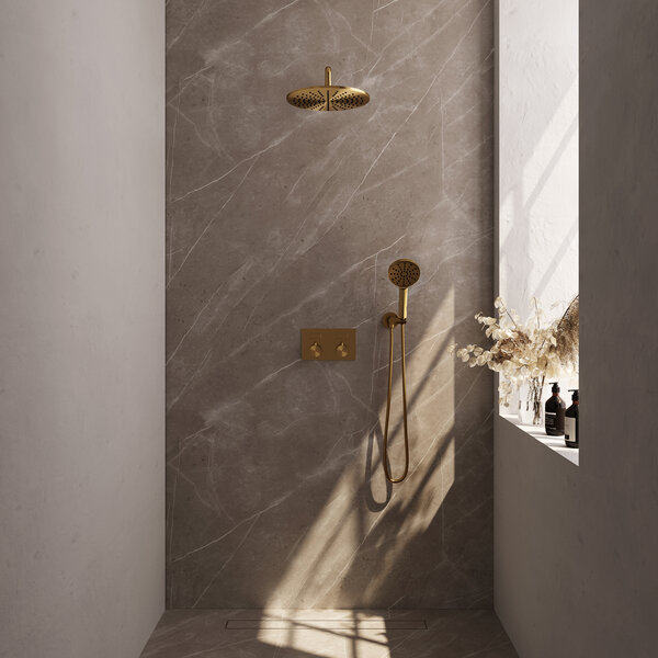 Brauer Brauer Gold Editon Regendoucheset:  Thermostatische Inbouwkraan met Drukknoppen, Gebogen Wandarm, Douchekop 30cm, Wandhouder met Wateruitlaat, 3-Standen Handdouche & Doucheslang - Set 58 - Draaiknoppen - PVD - Geborsteld Goud