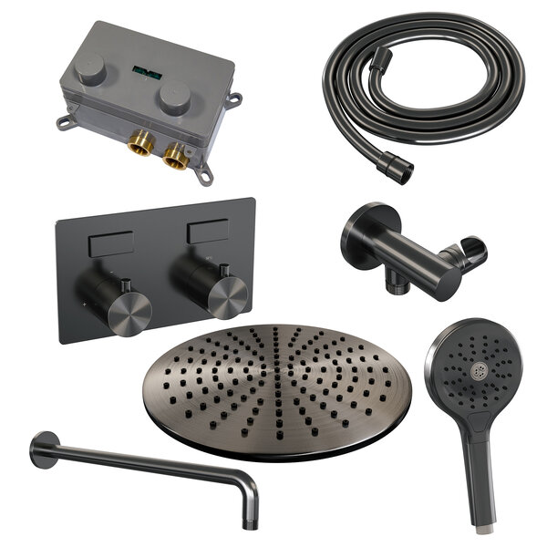 Brauer Brauer Gunmetal Editon Regendoucheset:  Thermostatische Inbouwkraan met Drukknoppen, Gebogen Wandarm, Douchekop Ø30cm, Wandhouder met Wateruitlaat, 3-Standen Handdouche & Doucheslang - Set 58 - Draaiknoppen - PVD - Geborsteld Gunmetal