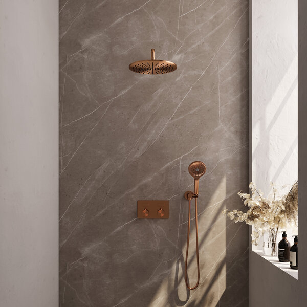Brauer Brauer Copper Editon Regendoucheset:  Thermostatische Inbouwkraan met Drukknoppen, Gebogen Wandarm, Douchekop 30cm, Wandhouder met Wateruitlaat, 3-Standen Handdouche & Doucheslang - Set 58 - Draaiknoppen - PVD - Geborsteld Koper