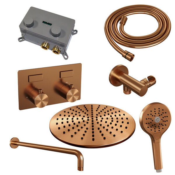 Brauer Brauer Copper Editon Regendoucheset:  Thermostatische Inbouwkraan met Drukknoppen, Gebogen Wandarm, Douchekop Ø30cm, Wandhouder met Wateruitlaat, 3-Standen Handdouche & Doucheslang - Set 58 - Draaiknoppen - PVD - Geborsteld Koper