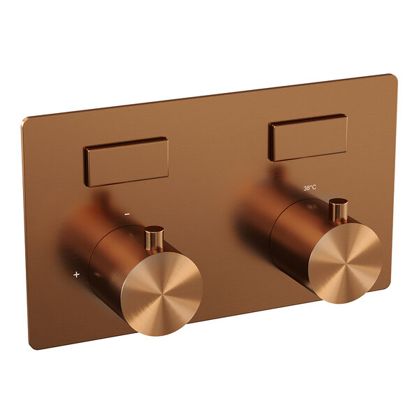 Brauer Brauer Copper Editon Regendoucheset:  Thermostatische Inbouwkraan met Drukknoppen, Gebogen Wandarm, Douchekop 30cm, Wandhouder met Wateruitlaat, 3-Standen Handdouche & Doucheslang - Set 58 - Draaiknoppen - PVD - Geborsteld Koper