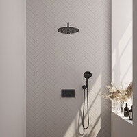 Brauer Brauer Black Editon Regendoucheset:  Thermostatische Inbouwkraan met Drukknoppen, Gebogen Wandarm, Douchekop 30cm, Wandhouder met Wateruitlaat, 3-Standen Handdouche & Doucheslang - Set 58 - Draaiknoppen - Mat Zwart
