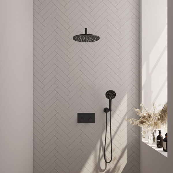 Brauer Brauer Black Editon Regendoucheset:  Thermostatische Inbouwkraan met Drukknoppen, Gebogen Wandarm, Douchekop 30cm, Wandhouder met Wateruitlaat, 3-Standen Handdouche & Doucheslang - Set 58 - Draaiknoppen - Mat Zwart