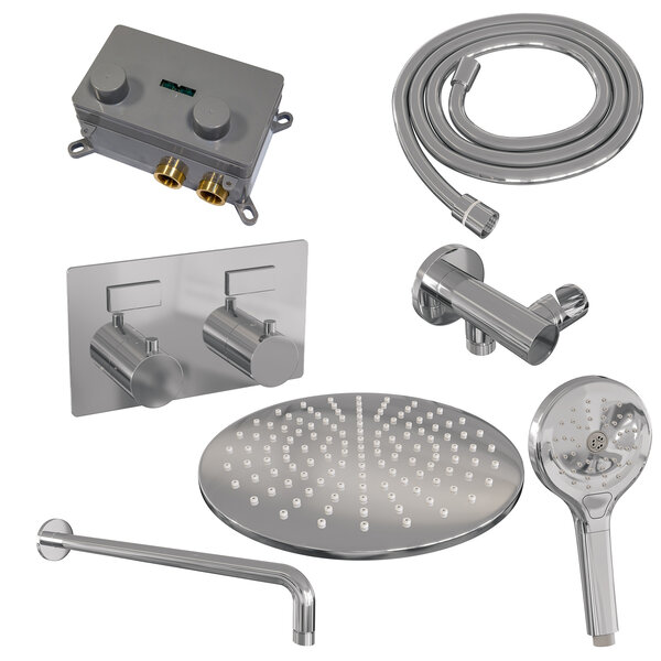 Brauer Brauer Chrome Editon Regendoucheset:  Thermostatische Inbouwkraan met Drukknoppen, Gebogen Wandarm, Douchekop 30cm, Wandhouder met Wateruitlaat, 3-Standen Handdouche & Doucheslang - Set 58 - Draaiknoppen - Chroom