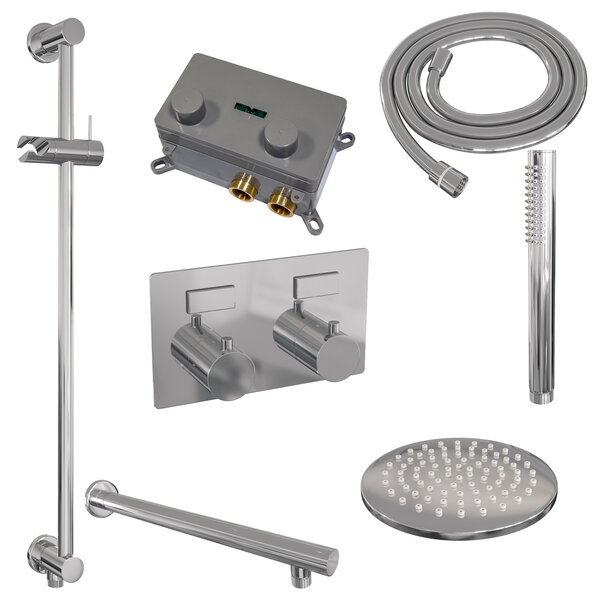 Brauer Brauer Chrome Editon Regendoucheset:  Thermostatische Inbouwkraan met Drukknoppen, Rechte Wandarm, Douchekop 20cm, Glijstang met Wateruitlaat, Staafhanddouche & Doucheslang - Set 61 - Draaiknoppen - Chroom