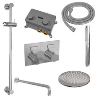 Brauer Brauer Chrome Editon Regendoucheset:  Thermostatische Inbouwkraan met Drukknoppen, Gebogen Wandarm, Douchekop 20cm, Glijstang met Wateruitlaat, Staafhanddouche & Doucheslang - Set 63 - Draaiknoppen - Chroom