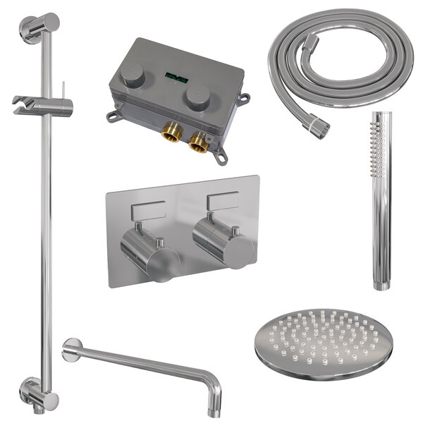 Brauer Brauer Chrome Editon Regendoucheset:  Thermostatische Inbouwkraan met Drukknoppen, Gebogen Wandarm, Douchekop 20cm, Glijstang met Wateruitlaat, Staafhanddouche & Doucheslang - Set 63 - Draaiknoppen - Chroom
